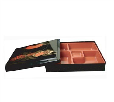 Bento Box With Cover 5 Compartment 8'' X 9-1/2'' Square Decorative Exterior Fixed Inside Tray Sells As 1 Each