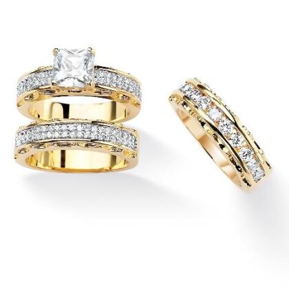 ... Princess-Cut Cubic Zirconia 14k Gold-Plated Wedding Ring Set - Size 8