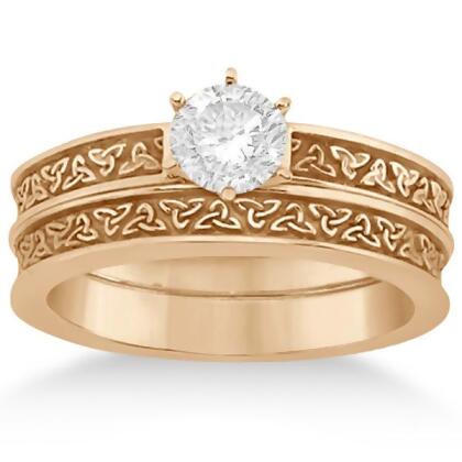 Carved Irish Celtic Engagement Ring and Wedding Band Set 18K Rose Gold